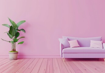 Minimalist living room with a purple sofa. a potted plant. and a pink wall
