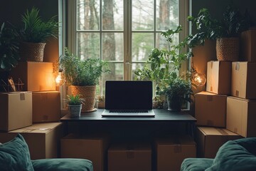 Fototapeta premium Cozy Minimalist Home Office with Laptop and Moving Boxes for New Business Startup