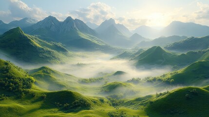 Fototapeta premium Misty sunrise over lush green mountain valley.
