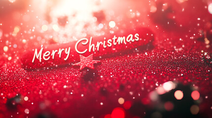 Christmas New Years greeting card long banner with ornaments silver glitter on red background. Text Merry Christmas