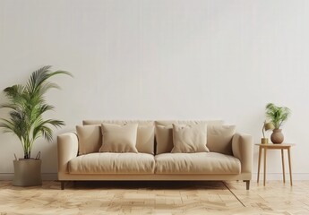 A beige sofa with pillows sits in front of a white wall with a potted plant and side table on the right