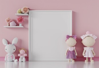 Empty white picture frame mockup with cute dolls. flowers. and stuffed toys on a pink wall