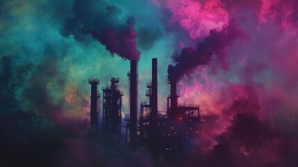 Obraz premium A dramatic shot of a factory at dusk, with smoke billowing from chimneys against a colorful sky, symbolizing the power and impact of industrial production