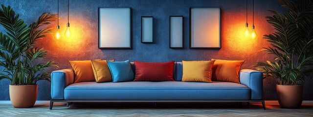 Minimalist Living Room Design Illustration Modern Couch Line Art Soft Lighting Plants