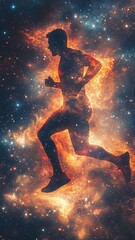 Personal Goals Mastery is a double exposure of a determined man looking upward, blending with a dynamic cosmic swirl of stars and earth elements, symbolizing ambition and mastery