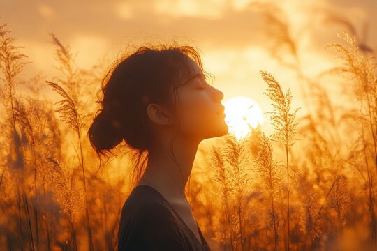 Woman Prays on Bended Knee at Sunset as Holy Spirit Dove Descends Depicting Faith Grace Worship Blessing and Divine Presence