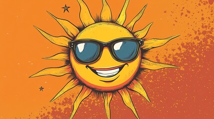 Smiling sun wearing sunglasses on an orange background.