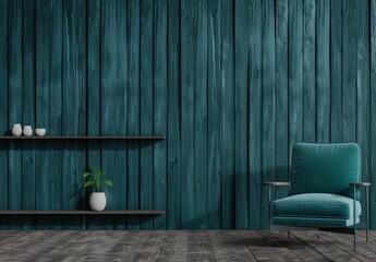 A teal armchair sits in front of a teal wooden wall with two shelves