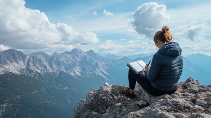 Person journaling while sitting on a mountain peak, surrounded by stunning views
