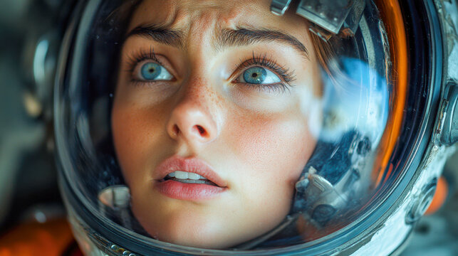 A female pilot feels fear in a spaceship, a close-up woman astronaut