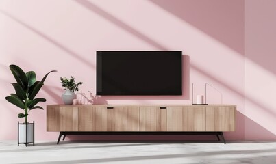Minimalist living room interior with a flat screen TV mounted on a pink wall