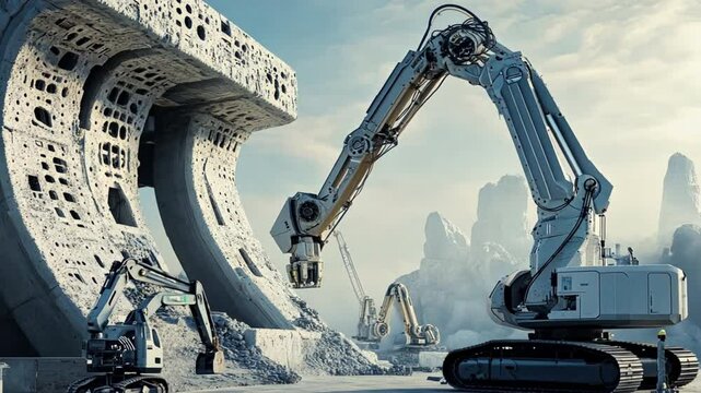 A futuristic construction site where a dam is being built using 3D-printed concrete technology, with robots handling the precise assembly of the structure.