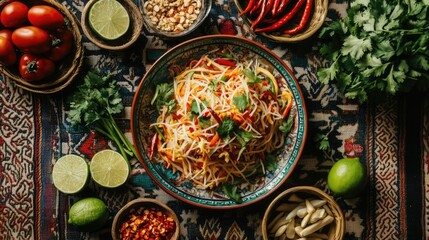 A festive arrangement of som tam served on a colorful tablecloth, surrounded by fresh herbs, lime, and chili peppers, creating an inviting atmosphere