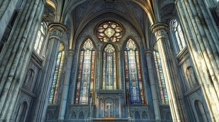 Cathedral Interior with Stained Glass Windows
