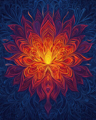 Vibrant floral mandala design with warm colors and intricate patterns. artwork features central glowing flame surrounded by detailed petals, creating captivating visual effect