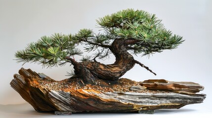 Fototapeta premium A beautifully crafted bonsai tree displayed on a natural wooden base.