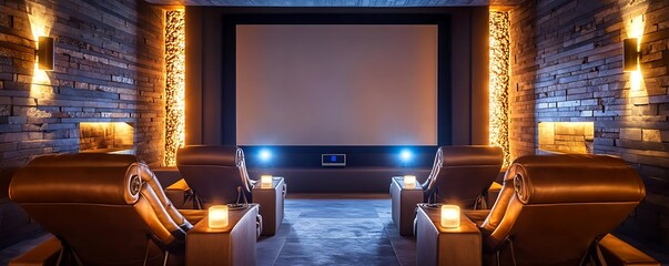 Reclining leather chairs in a modern home cinema with a large projector screen, surrounded by ambient lighting for a cinematic experience.
