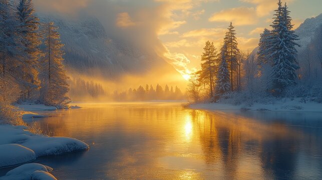 Majestic sunrise over a snow-covered river valley, reflecting golden light on calm water, with snow-laden evergreens.
