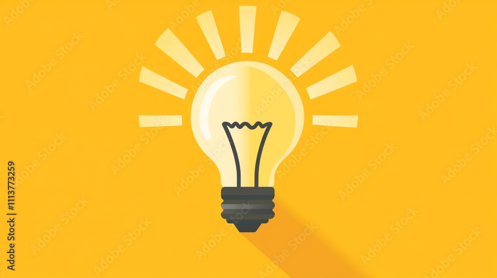 Poster a glowing light bulb with rays of light emanating from it.