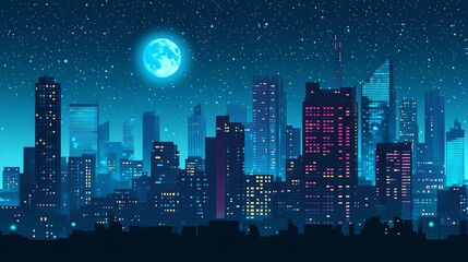 Night cityscape with a full moon and stars in the background.