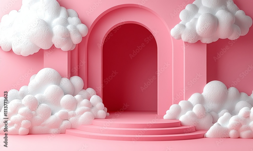Poster an abstract minimal room showcasing a 3d wave studio mockup, complete with a product display podium,