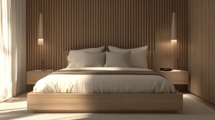 Modern Minimalist Bedroom With Wooden Walls and Bed