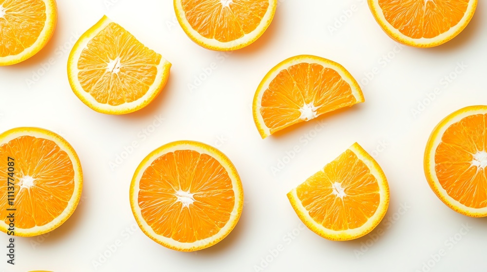 Poster orange slices arranged in a pattern on a white background.