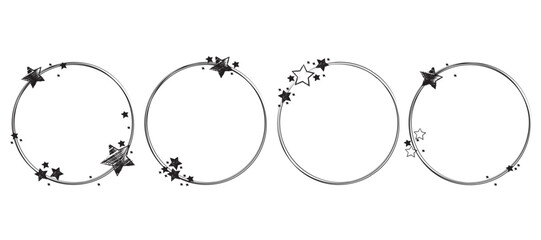 Round design elements with black stars isolated on white background. Stardust frames
