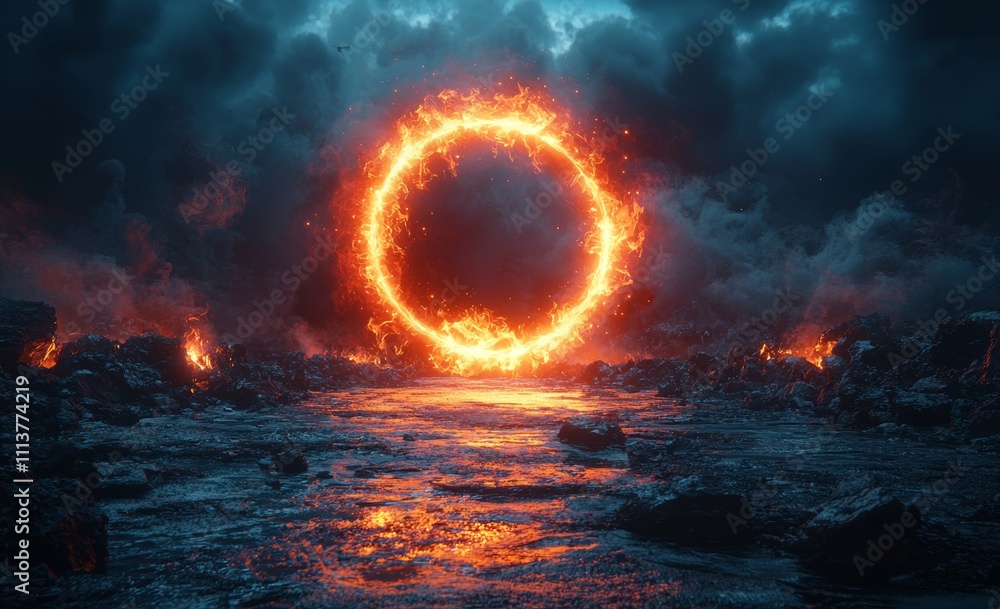 Poster a depiction of a three-dimensional circular fiery frame with lighting effects. a picture of a magica