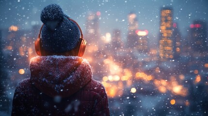 Woman Walking in Snowy City Wearing Headphones in Winter Scene