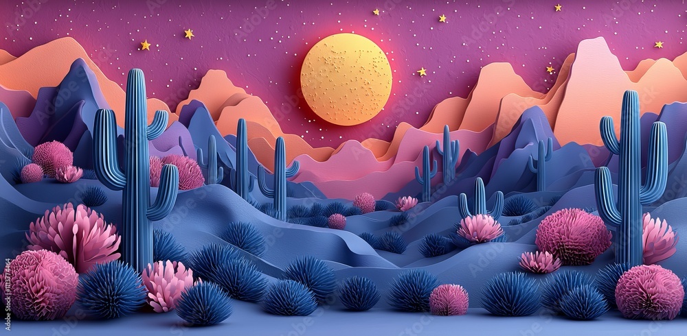 Wall mural in a blue outer space background, there are alien planets and a falling asteroid with a neon glow tr