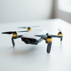 A compact, cutting-edge drone hovering slightly above a white surface.