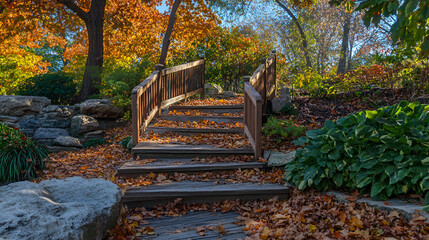 colorful foliage of trees in the autumn season the colors are yellow red and green of various deciduous trees, Autumn sunny day, steps of stairs in the old park, many fallen foliage