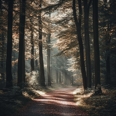 A tranquil forest path winding through tall trees, with sunlight filtering through the canopy, creating soft light on a white background.