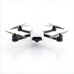 A compact, cutting-edge drone hovering slightly above a white surface.