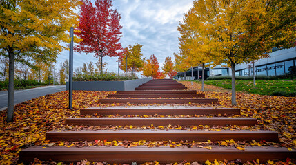 colorful foliage of trees in the autumn season the colors are yellow red and green of various deciduous trees, Autumn sunny day, steps of stairs in the old park, many fallen foliage