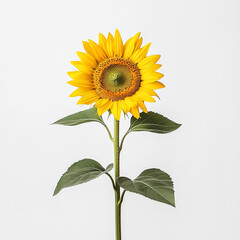 A close-up of a single blooming sunflower, standing tall against a white background.
