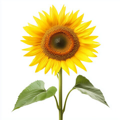 A close-up of a single blooming sunflower, standing tall against a white background.