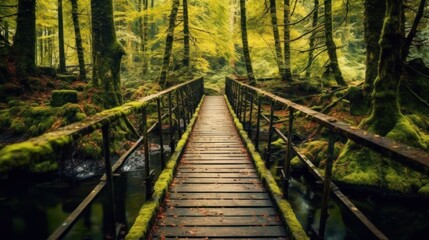 Wooden Bridge Through Mossy Forest