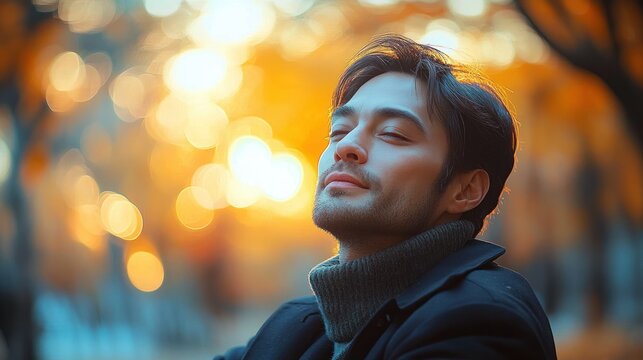 Young Man in Suit Sitting on Park Bench Reflecting at Dusk in City - Powered by Adobe