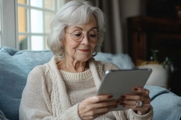 Elderly Woman Using Tablet at Home for Online Shopping and Communication with a Smile