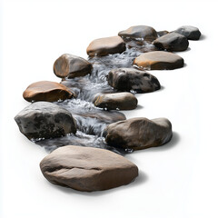A flowing mountain stream with crystal-clear water running over smooth rocks, placed against a minimal white background.