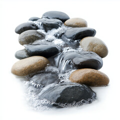 A flowing mountain stream with crystal-clear water running over smooth rocks, placed against a minimal white background.