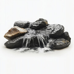 A flowing mountain stream with crystal-clear water running over smooth rocks, placed against a minimal white background.