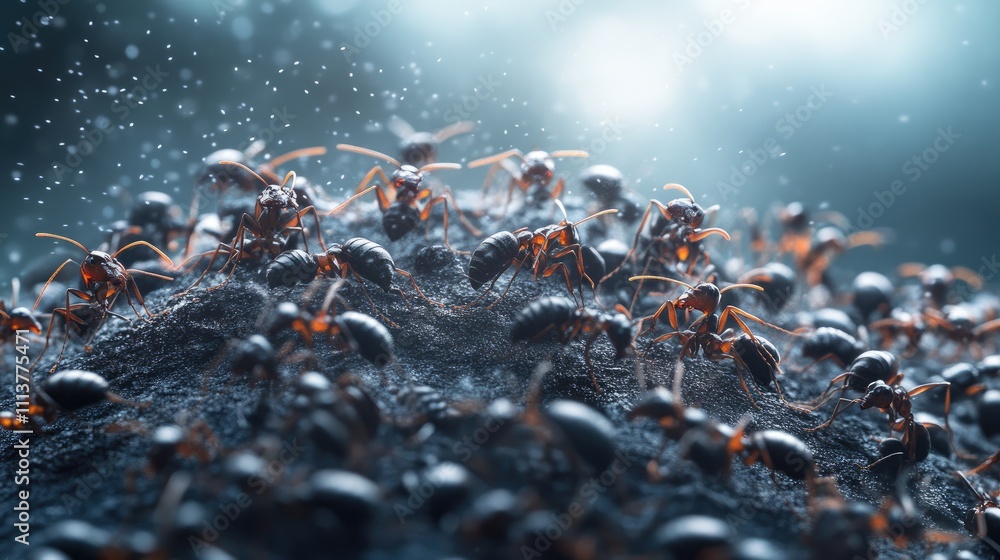Poster a macro shot of an ant colony working together on an anthill, capturing the intricate social structu