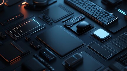 A flat lay of various tech gadgets like phones, tablets, and a keyboard.