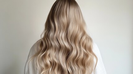 Naklejka premium A luxurious long hairstyle with soft beachy waves, styled in natural light, creating a relaxed and effortless vibe perfect for any occasion