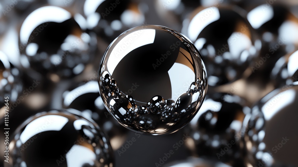 Poster close-up abstract image of shiny chrome spheres.