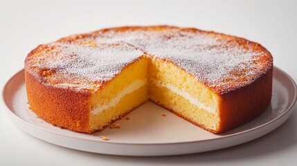 Roscon de Reyes cake on a plain ceramic plate, with one slice removed to reveal the inside