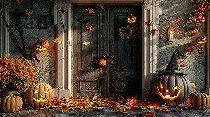 Obraz premium Interior of Hall Decorated for Halloween: A hall decorated for Halloween with pumpkins and other festive elements, creating a spooky and fun atmosphere.